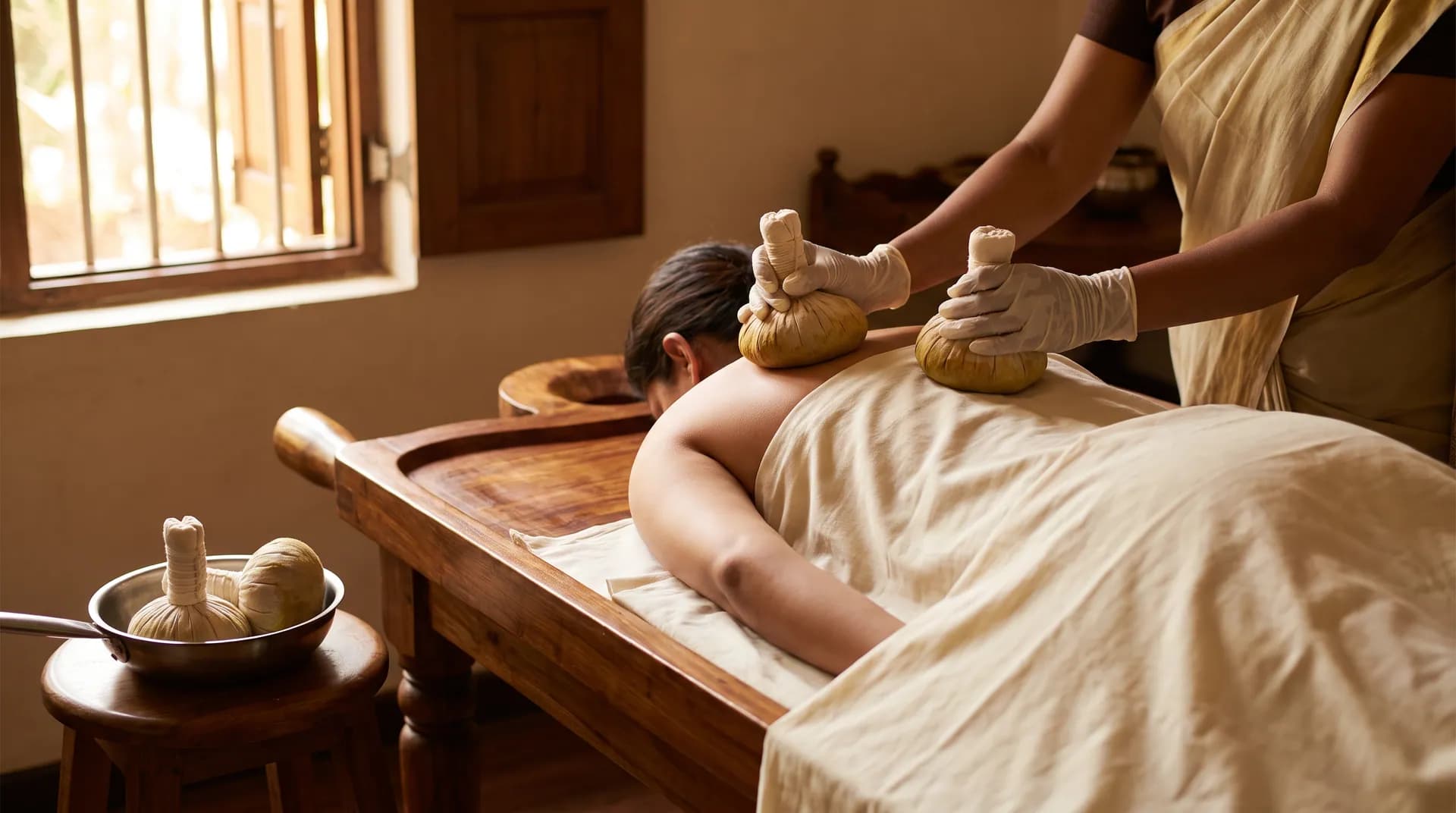 Warm herbal boluses pressed over the shoulders and back during a Potli massage