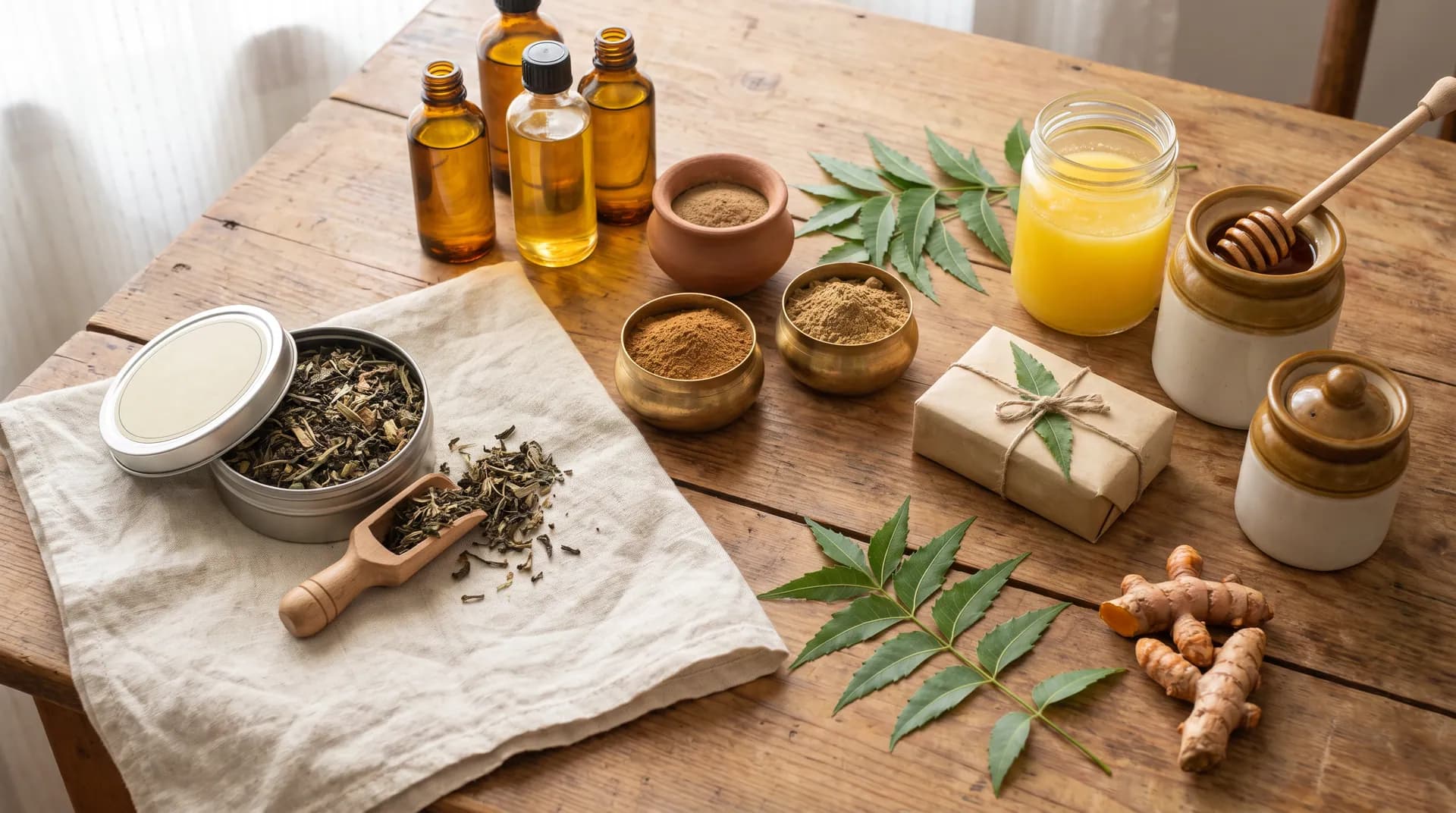 Ayurvedic oils, herbal powders, tea, ghee and neem soap laid out on a wooden table