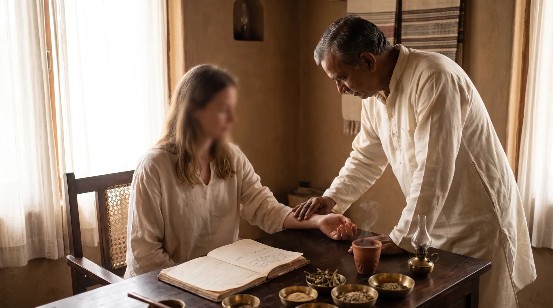 Practitioner reading the pulse at the wrist during an Ayurvedic consultation