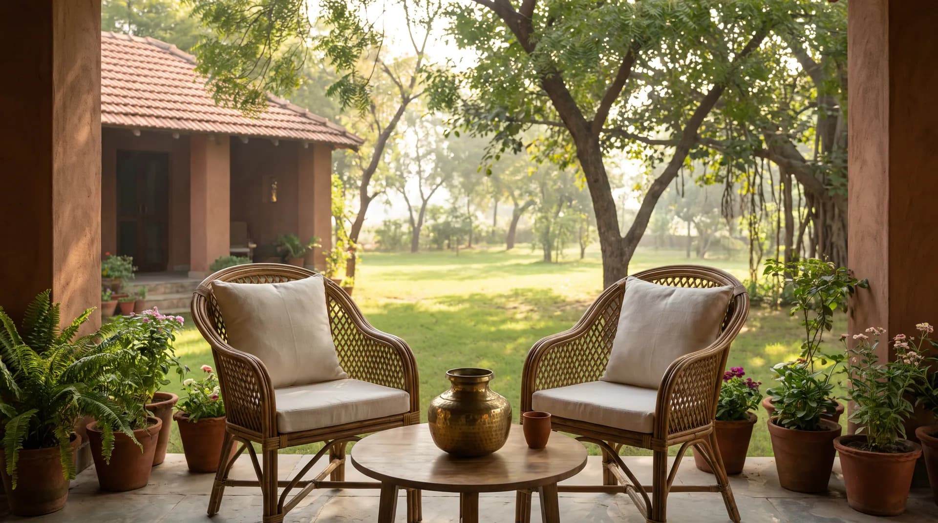 Shaded cottage veranda with cane chairs looking out over the lawn