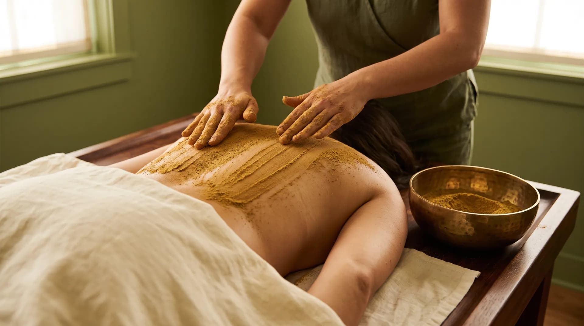 Herbal powder rubbed in upward strokes over the back during Udhwarthanam