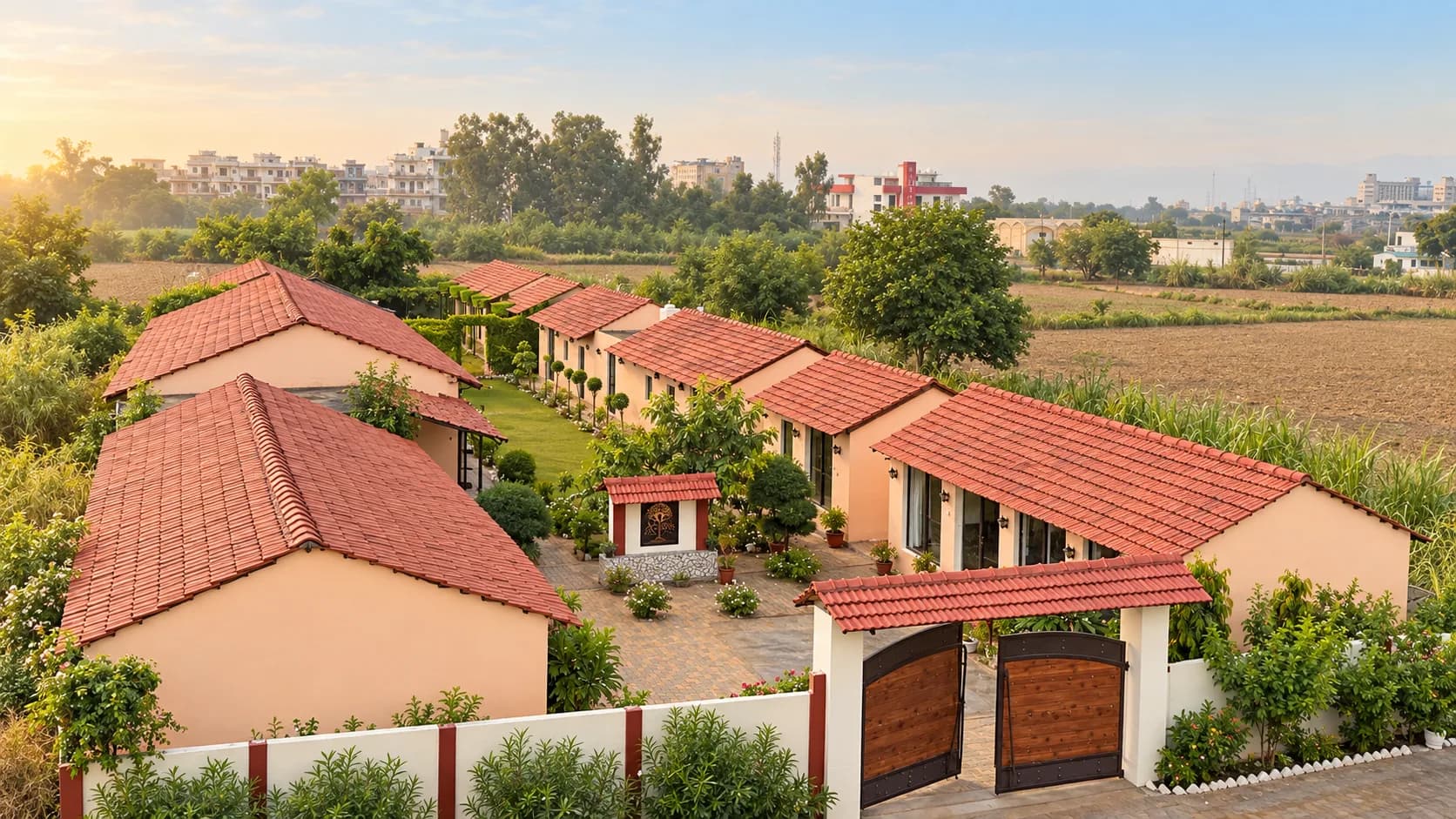 Aerial view of Arogya Retreatt: tiled cottages, gardens and the entrance gate in Bahadurgarh