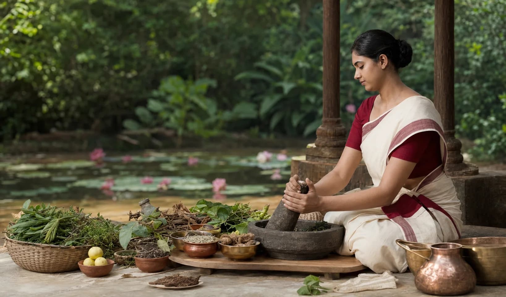 Herbs prepared in a stone mortar beside lotus water and copper vessels