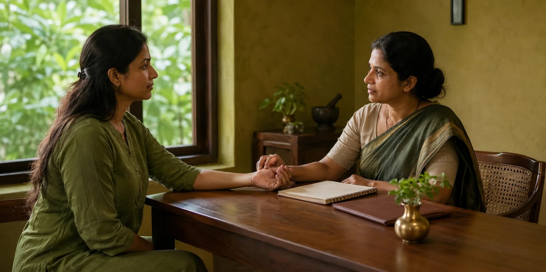 Private wellness consultation around a care-plan notebook
