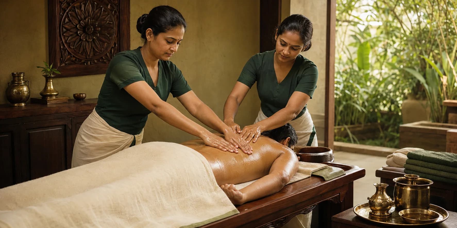Warm oil Abhyanga massage in a calm therapy room