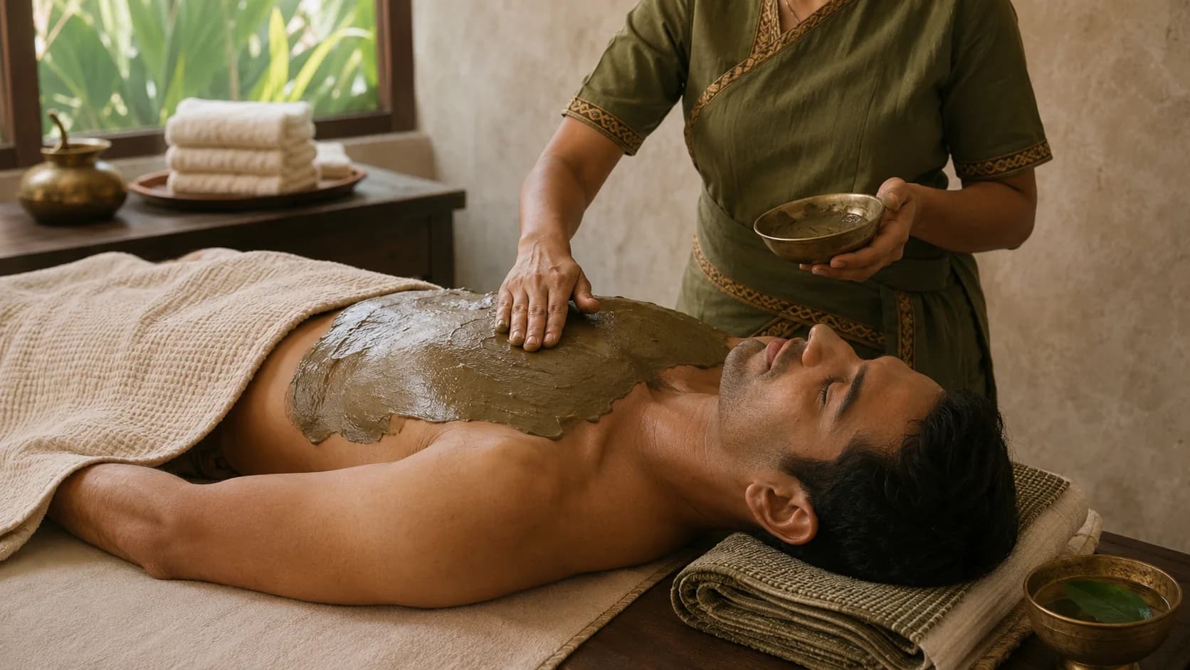 Natural mud pack prepared with herbs for naturopathy care