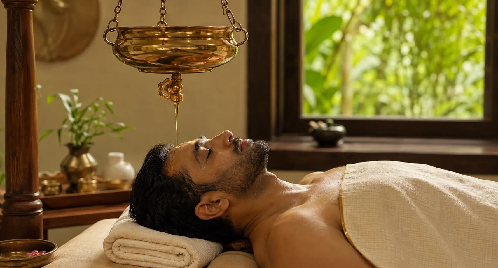 Warm oil poured in a calm Shirodhara ritual during Panchkarma care