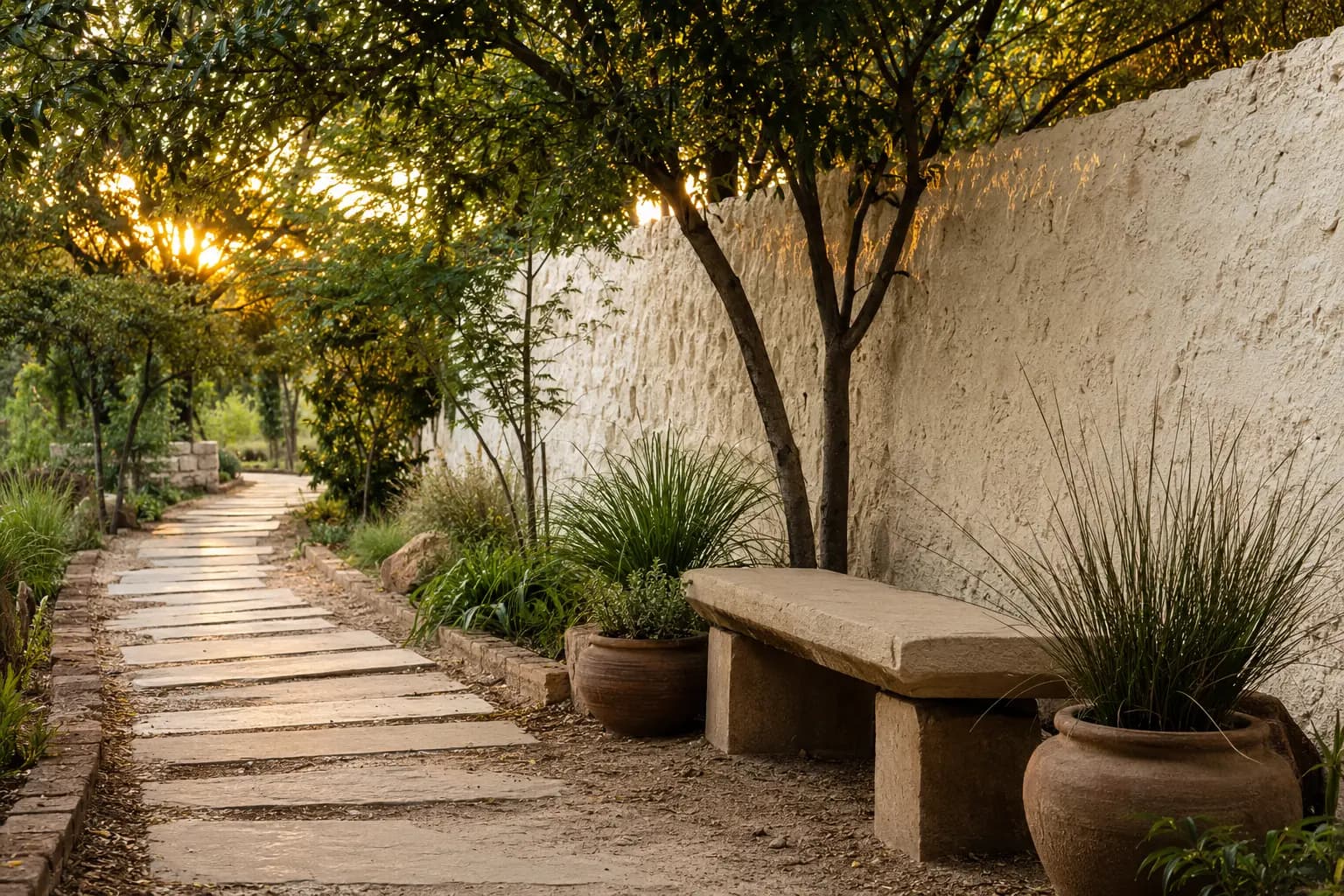 Stone path through the retreat garden at sunset