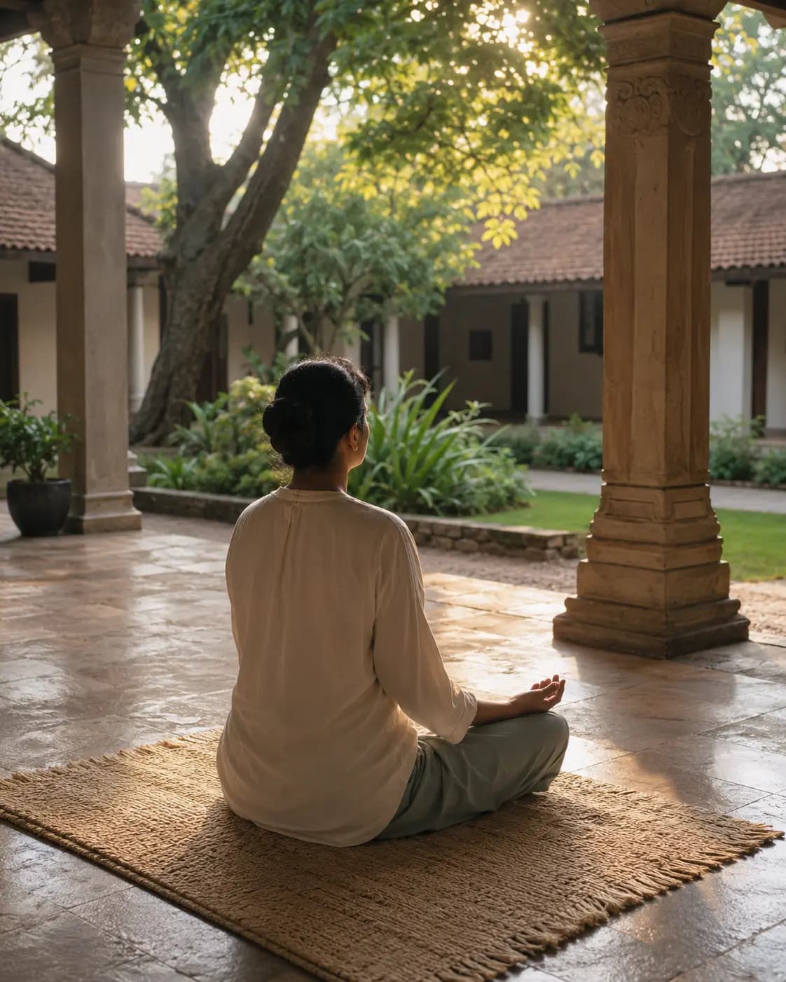 Seated breathing practice in a quiet courtyard at dawn