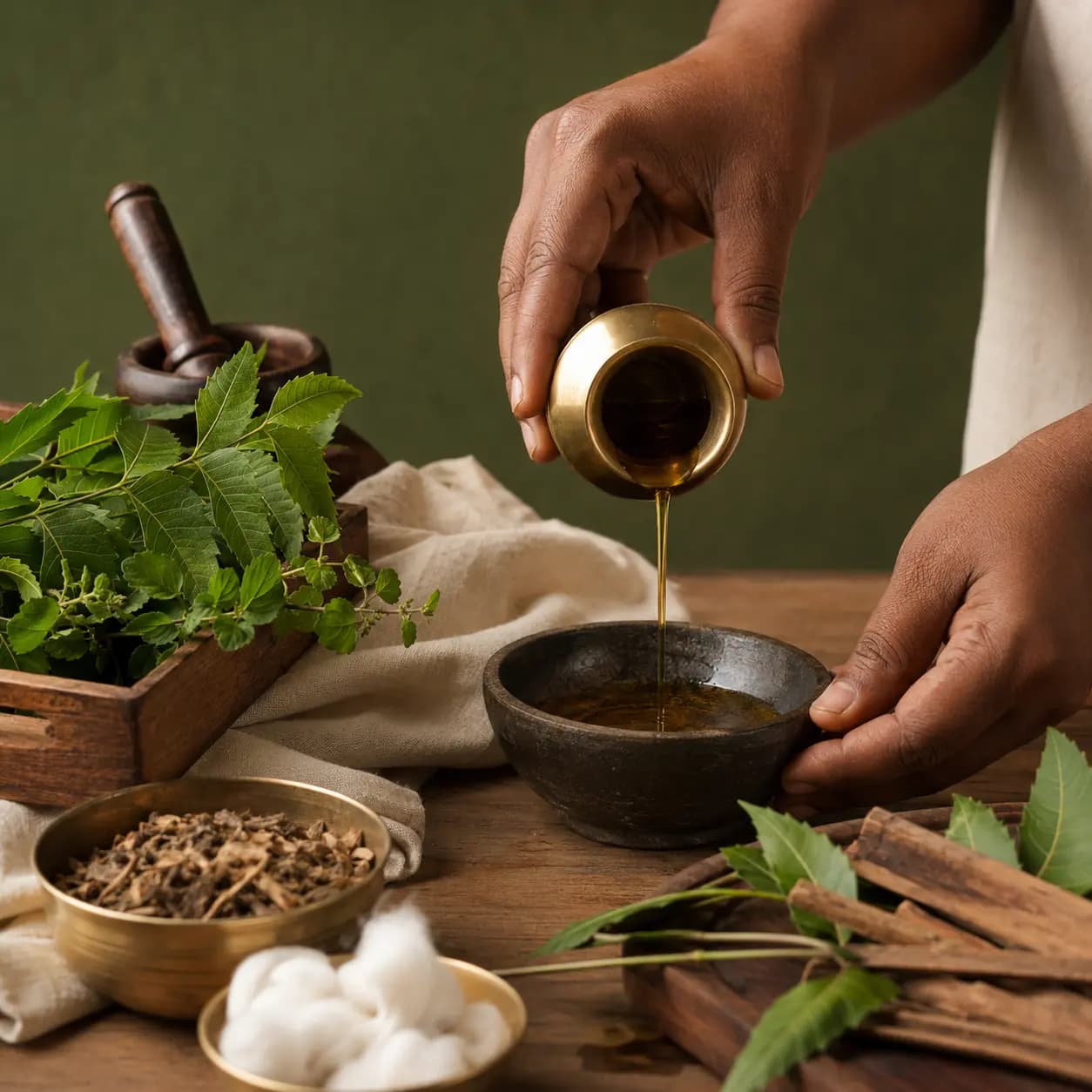 Warm herbal oil being poured into a stone bowl