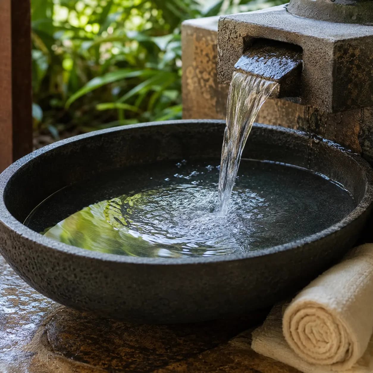Water flowing into a stone basin in a garden