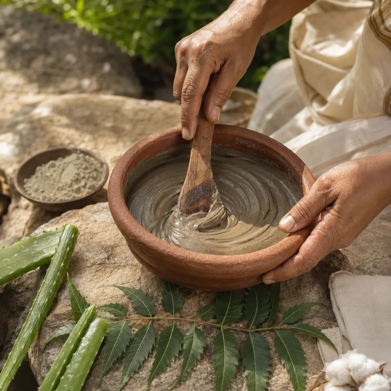 Herbal mud paste being prepared with neem and aloe vera