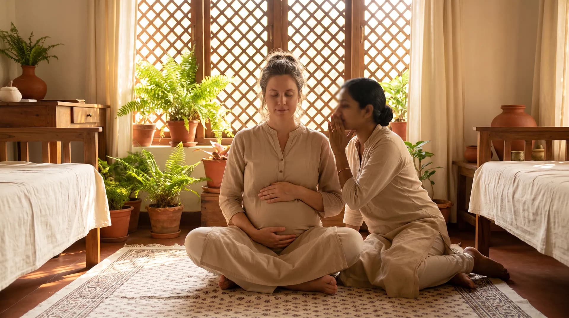 Expecting mother in a seated breathing practice with gentle guidance