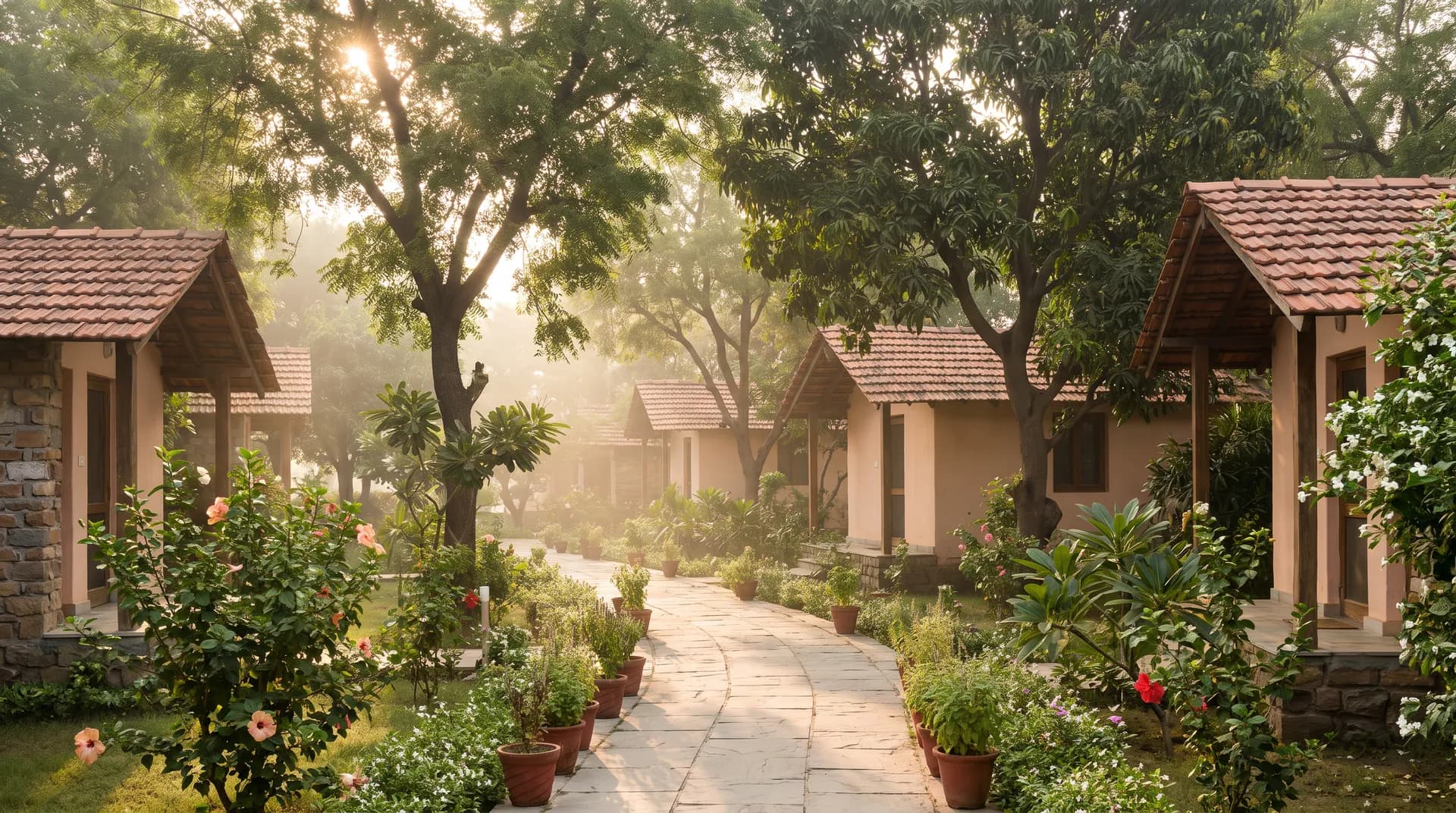 Paved garden path between terracotta-roofed cottages in early morning light