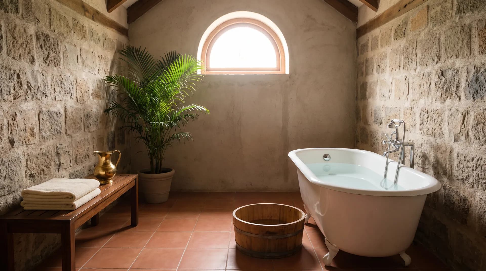 Hydrotherapy room with a hip bath tub, wooden foot tub and folded towels