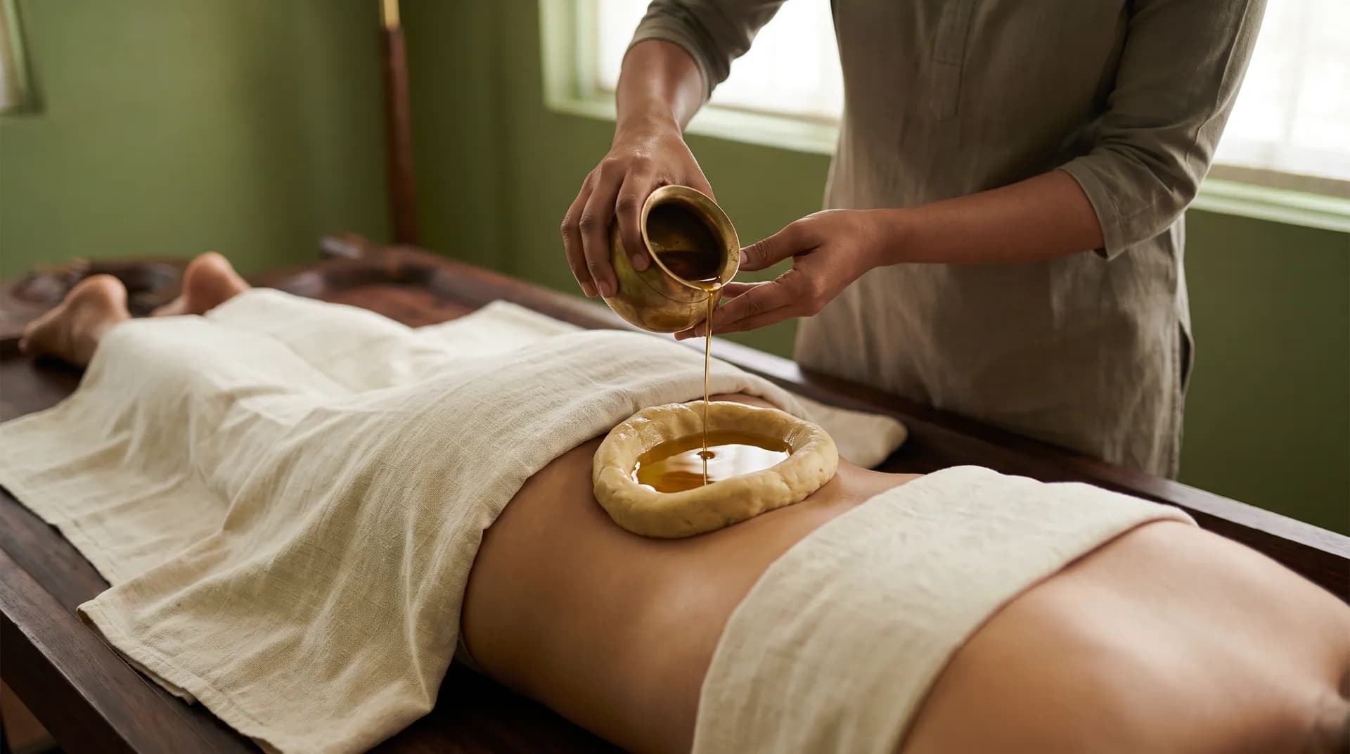 Warm medicated oil retained inside a dough ring, the technique used for Janu Basti