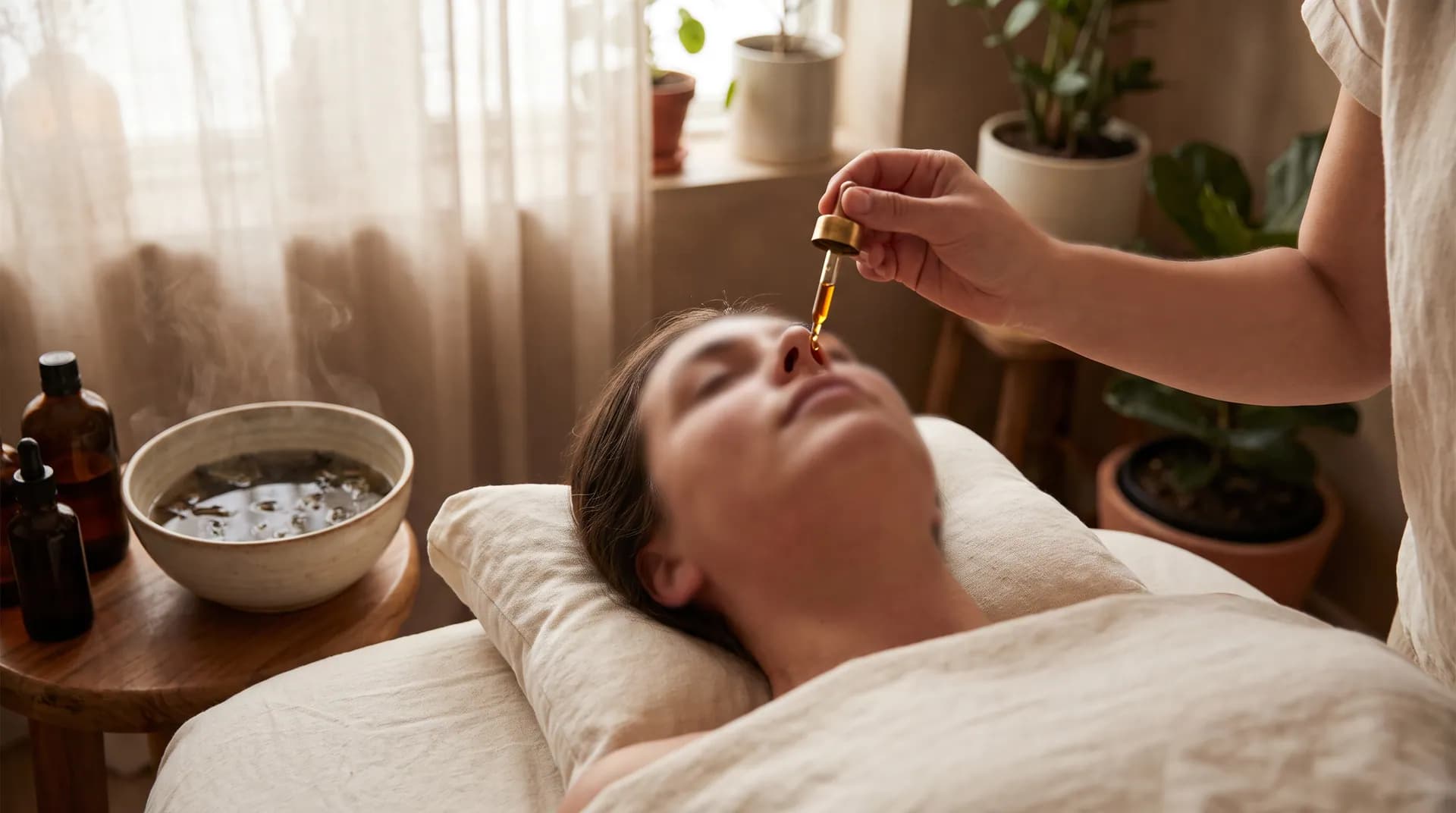 Drops of warm medicated oil administered through the nostril during Nasyam