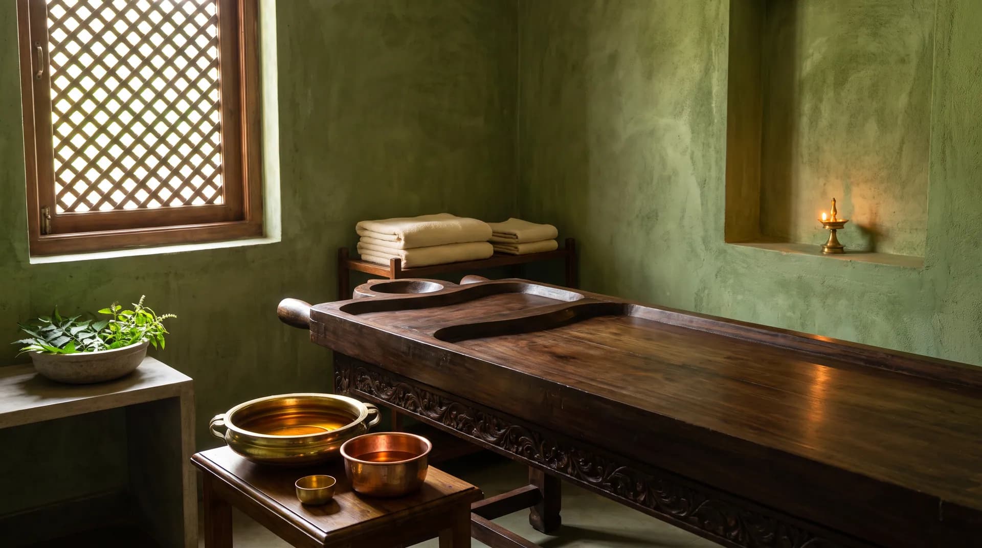 Ayurvedic therapy room with a carved wooden droni table, brass vessels and folded linen