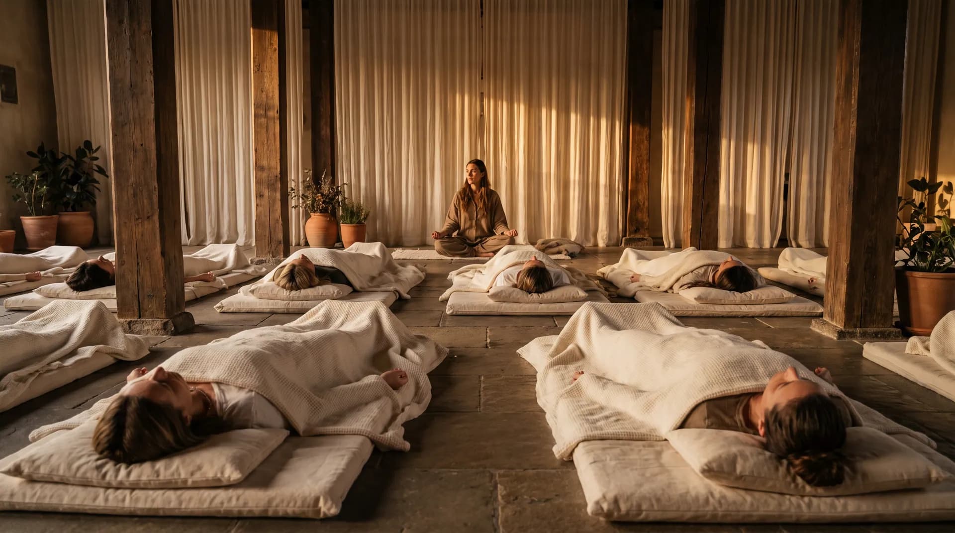 Quiet guided rest and meditation in the practice hall