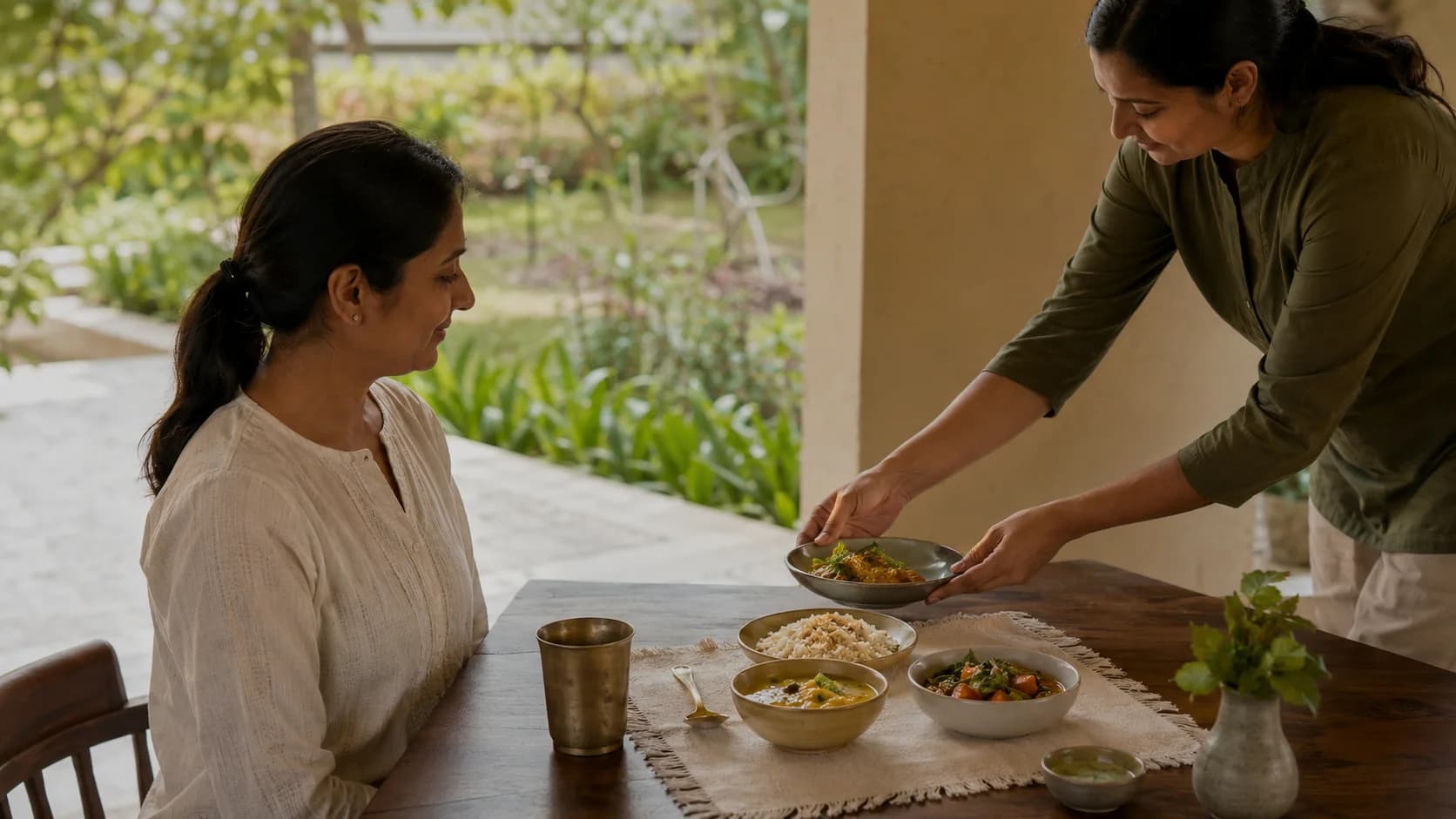 Mindful wellness meal with herbal water and care-plan notebook